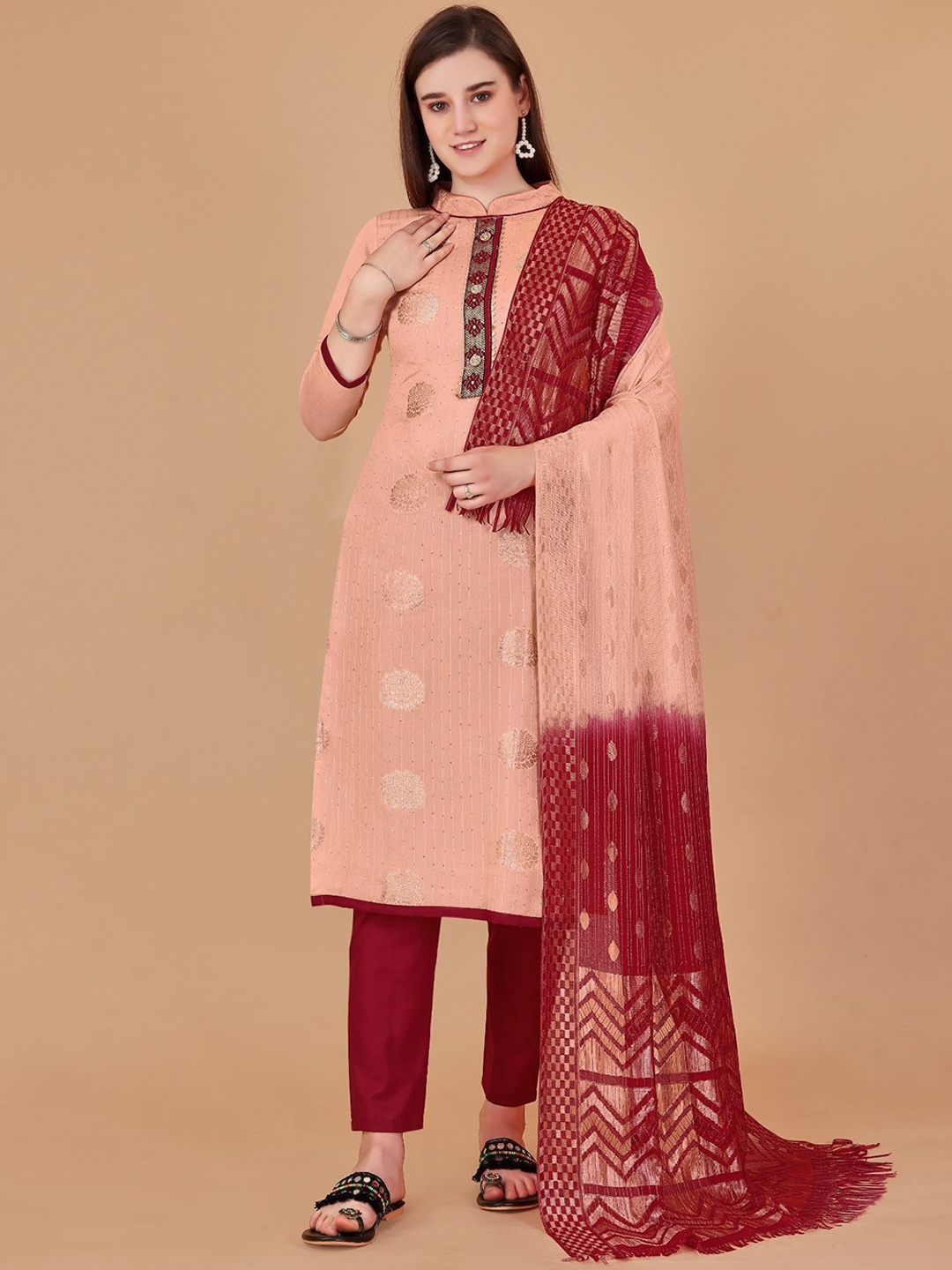 

JULEE Ethnic Motifs Woven Design Unstitched Dress Material, Beige