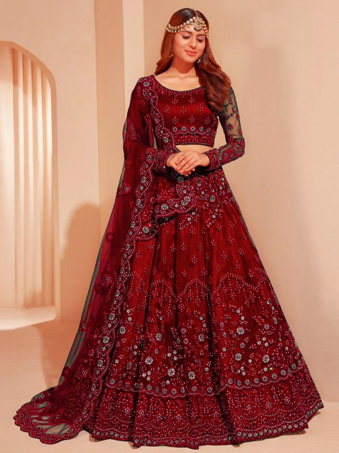 

Cute fellow Embroidered Thread Work Semi-Stitched Lehenga & Unstitched Blouse With Dupatta, Maroon