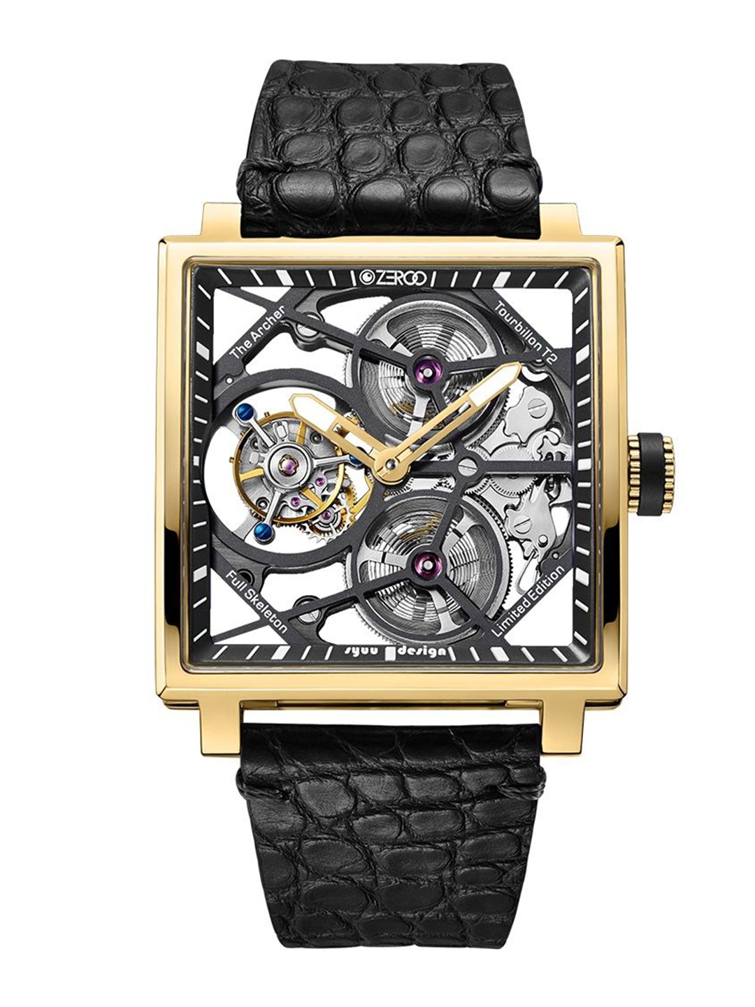 

ZEROO Unisex Skeleton Dial & Leather Straps Analogue Watch ZT002GBK, Black