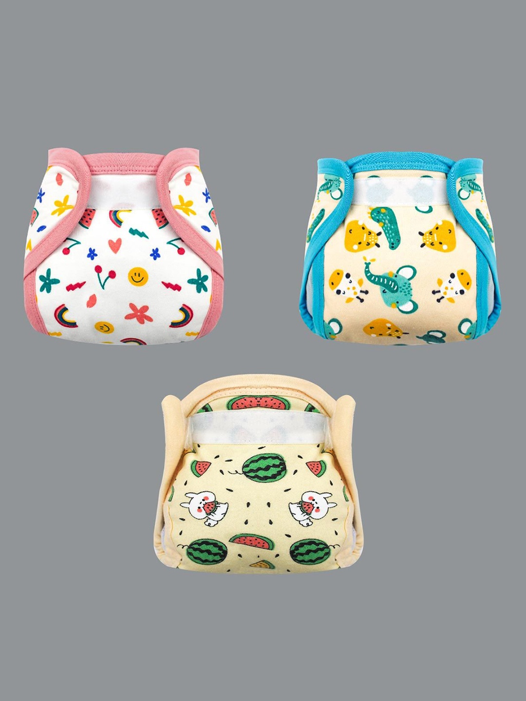 

Born Babies Set Of 3 Printed Soft & Breathable Reusable Cloth Velcro Diapers, Multi