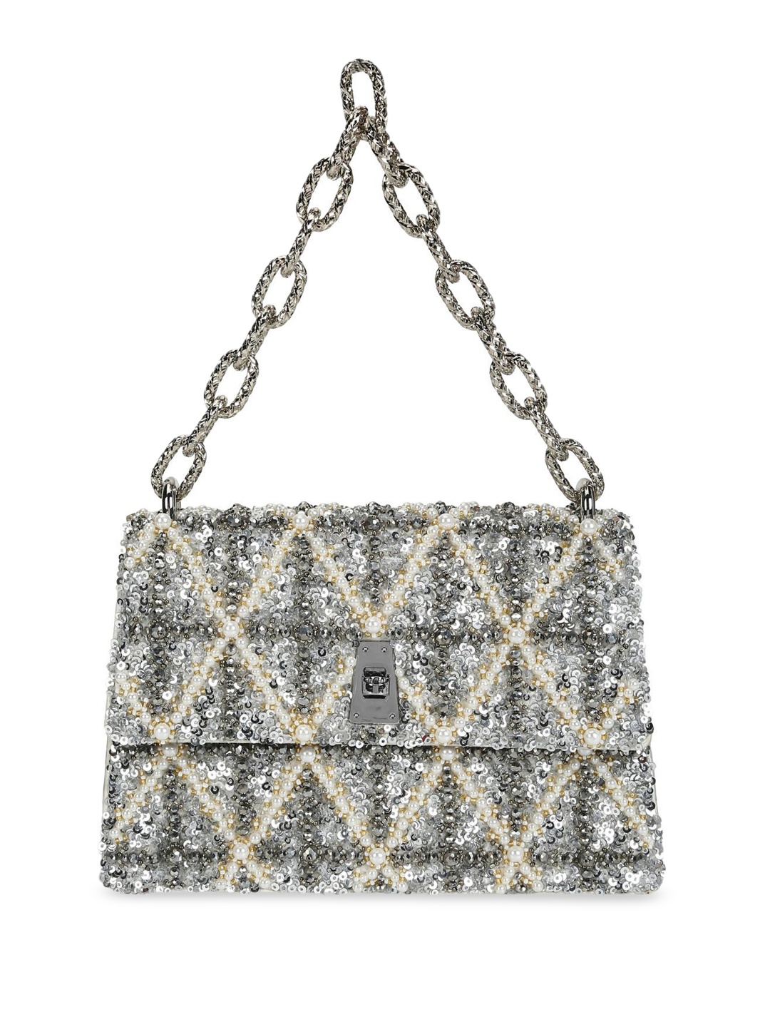 

The Leather Garden Embellished Leather Oversized Structured Handheld Bag, Silver