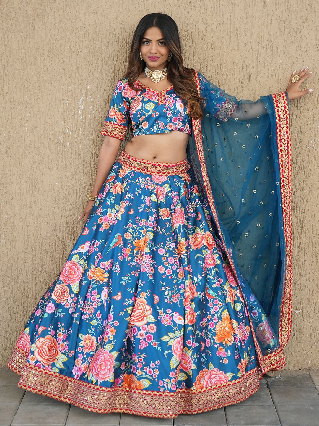 

FABPIXEL Printed Beads And Stones Semi-Stitched Lehenga & Unstitched Blouse With Dupatta, Teal