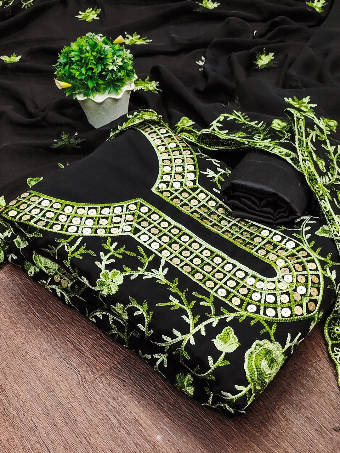 

LeeliPeeri Designer Floral Embroidered Unstitched Dress Material, Green