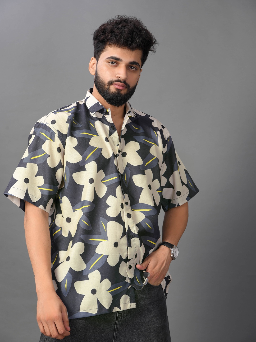 

BROWN BROTHERS Unisex Spread Collar Floral Printed Cotton Oversized Casual Shirt, Grey