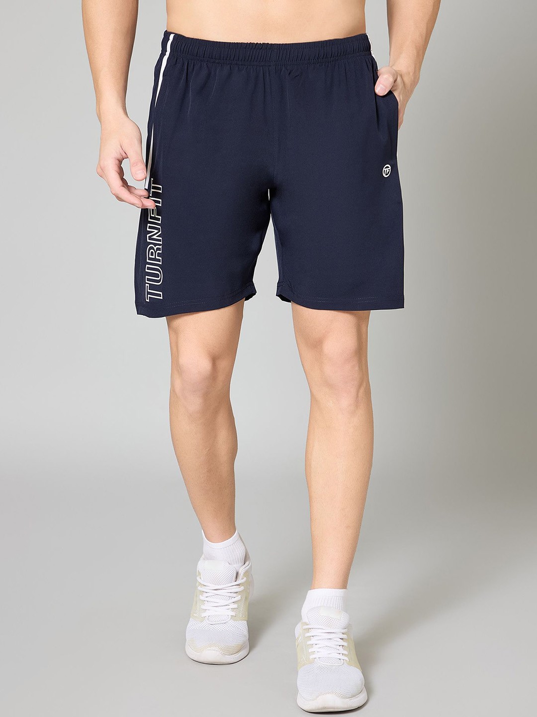 

TURNFIT Men Brand Printed Running Sports Shorts, Navy blue