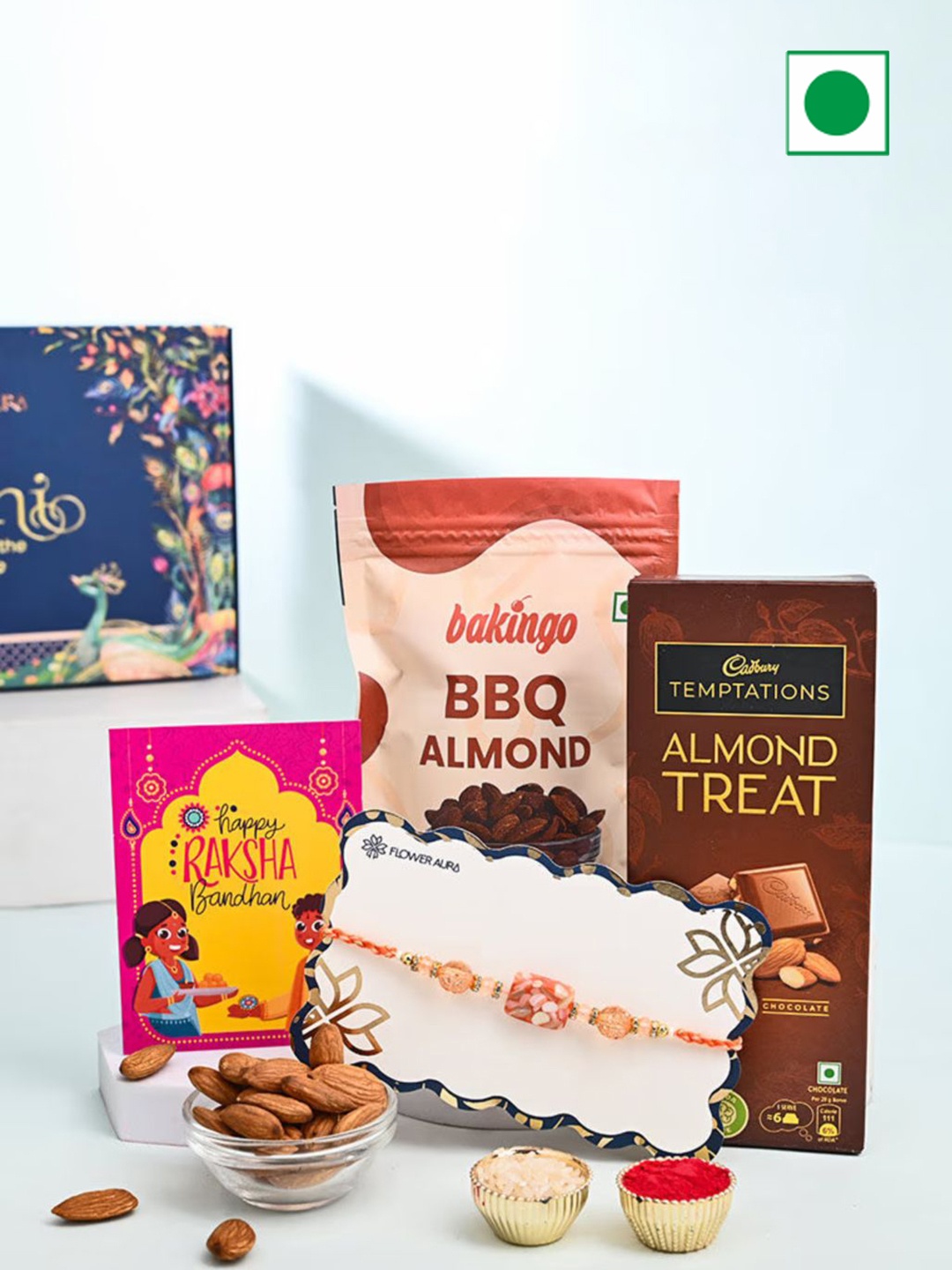 

Floweraura Set Of 3 Designer Stone Rakhi with BBQ Almonds & Chocolate Gifts, Multi