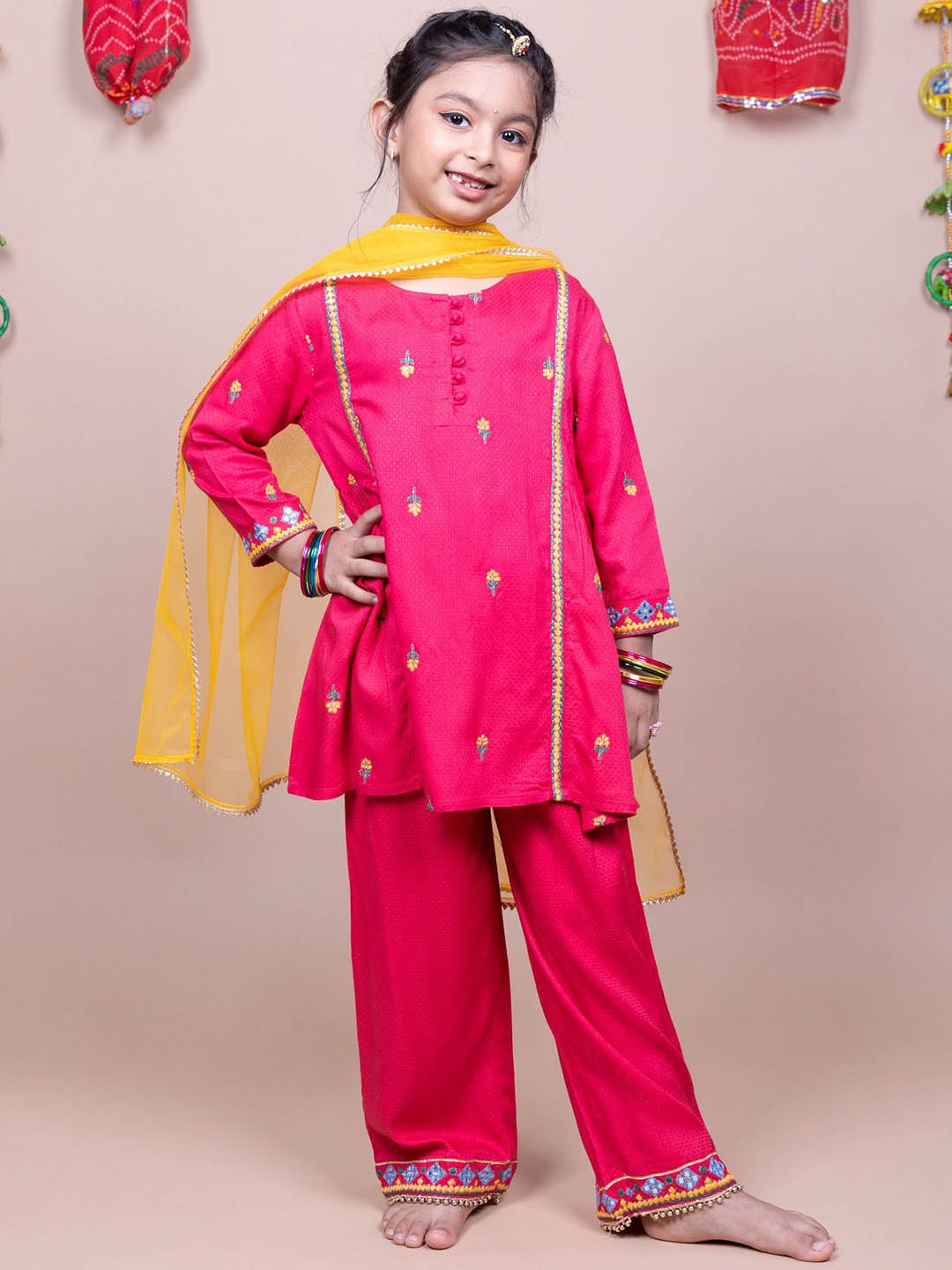 

HERE&NOW Girls Floral Embroidered A-Line Thread Work Kurta with Palazzos & Dupatta, Pink