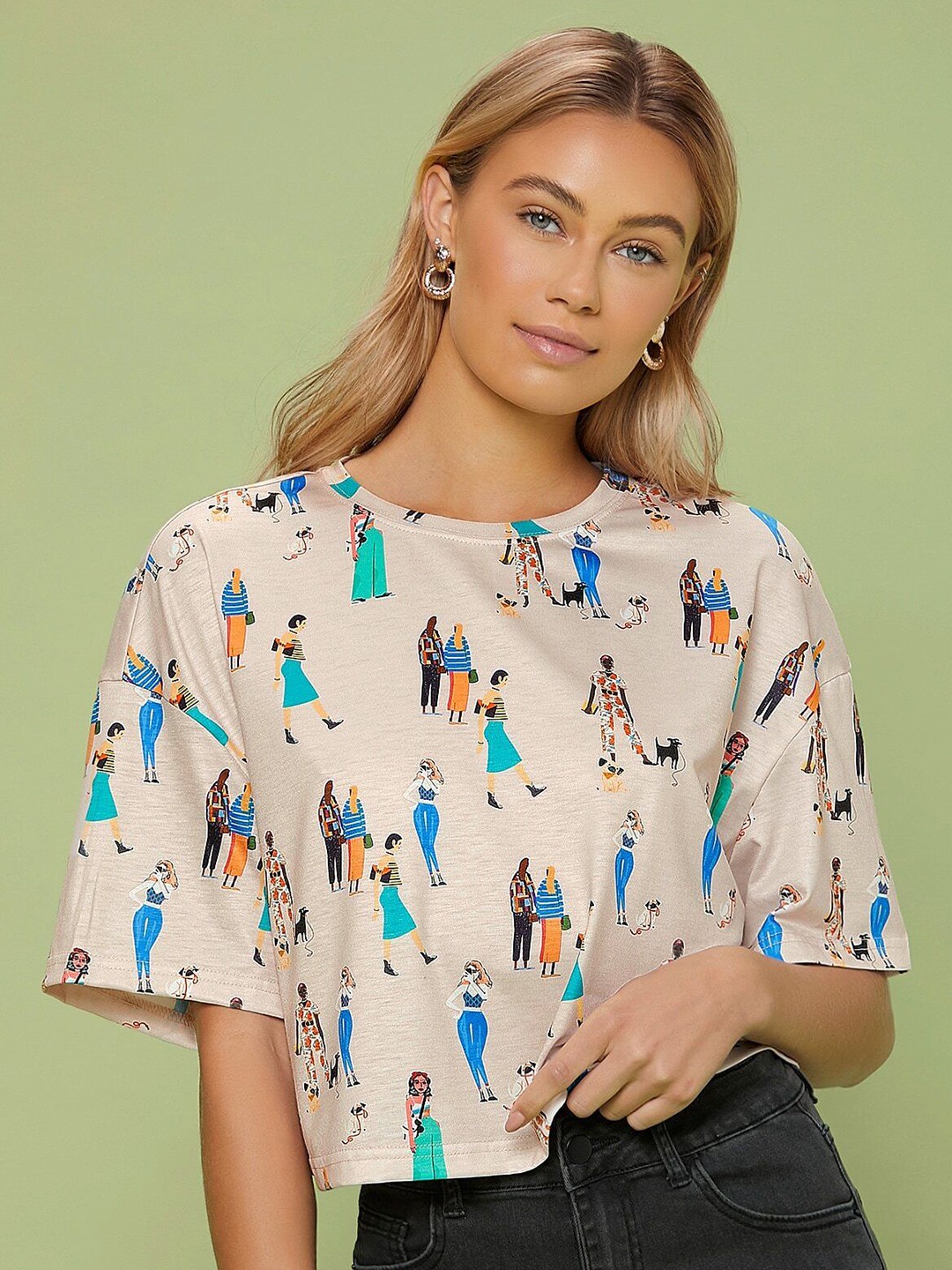 

TAGDO Women Graphic Printed Round Neck Polycotton Top, Off white