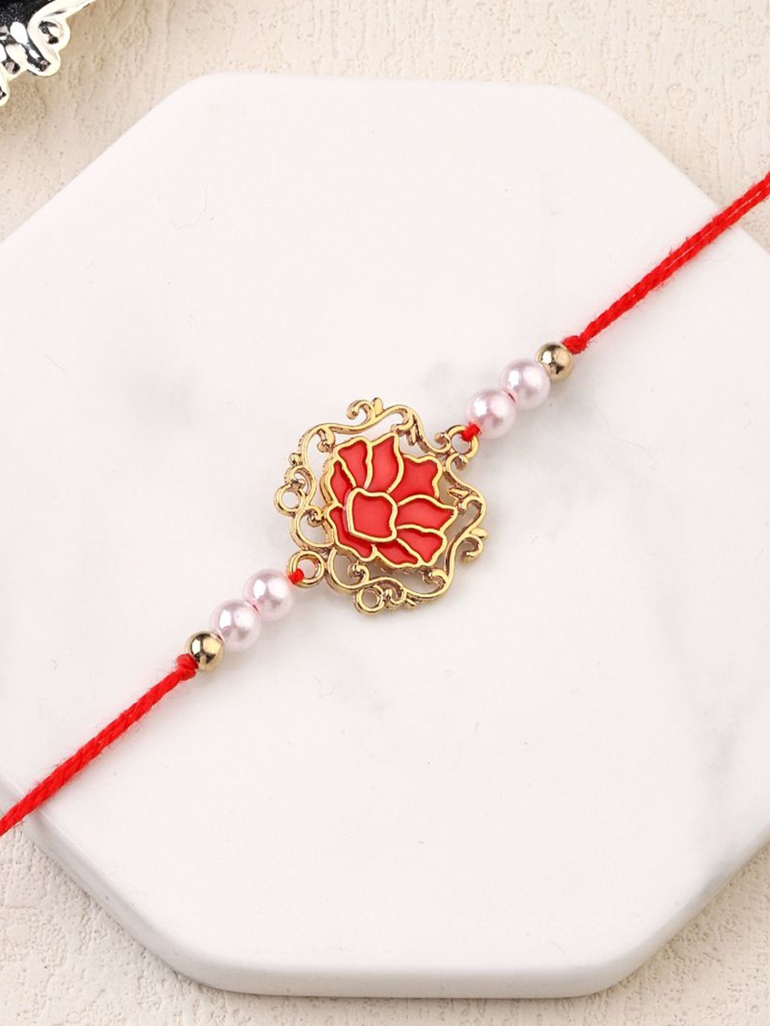 

SALTY Tranquil Lotus Pearl Beaded Thread Rakhi, Red