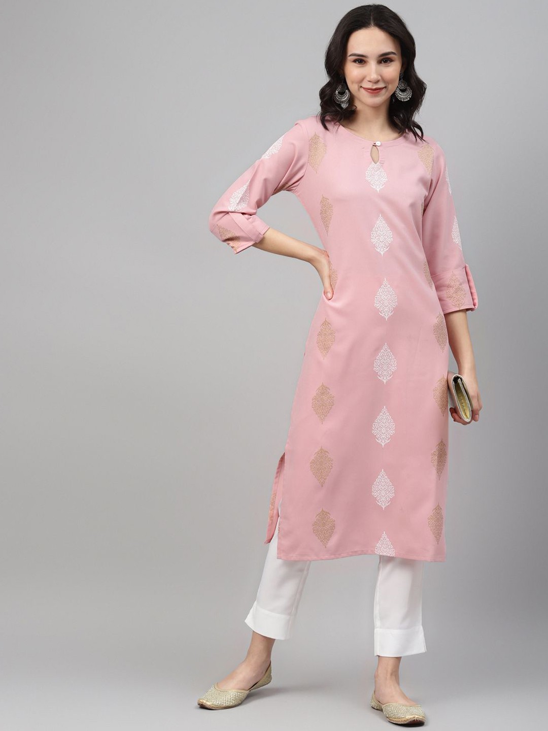 

ZIYAA Pink Ethnic Motifs Printed Keyhole Neck Regular Kurta With Trousers