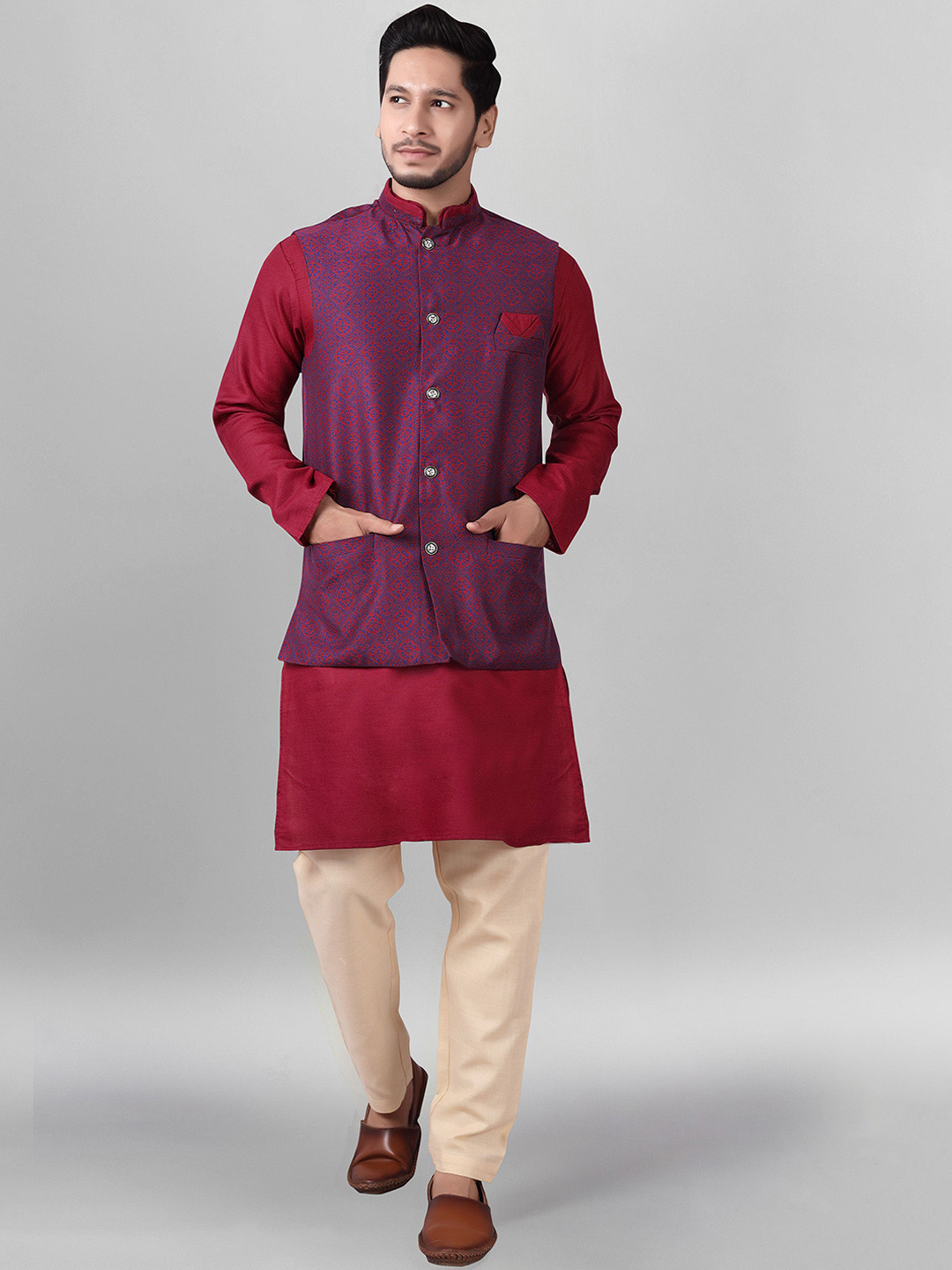 

amzira Mandarin Collar Kurta With Trousers & Jacket, Maroon