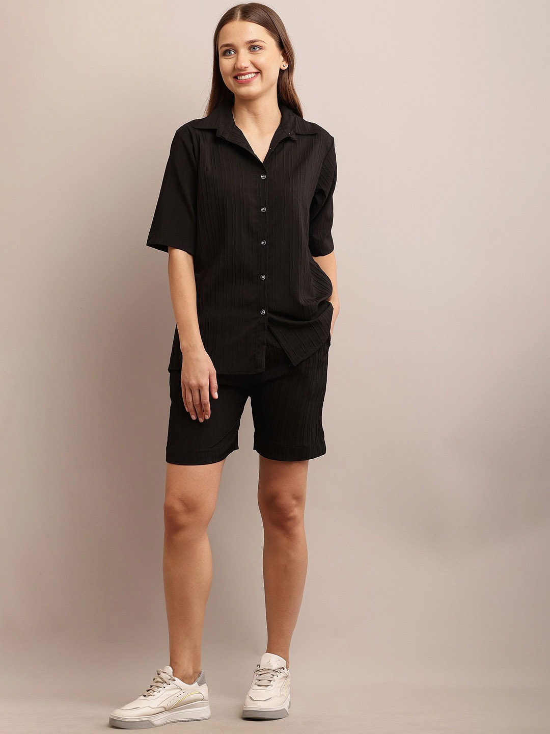 

BAESD Striped Pure Cotton Shirt With Shorts, Black