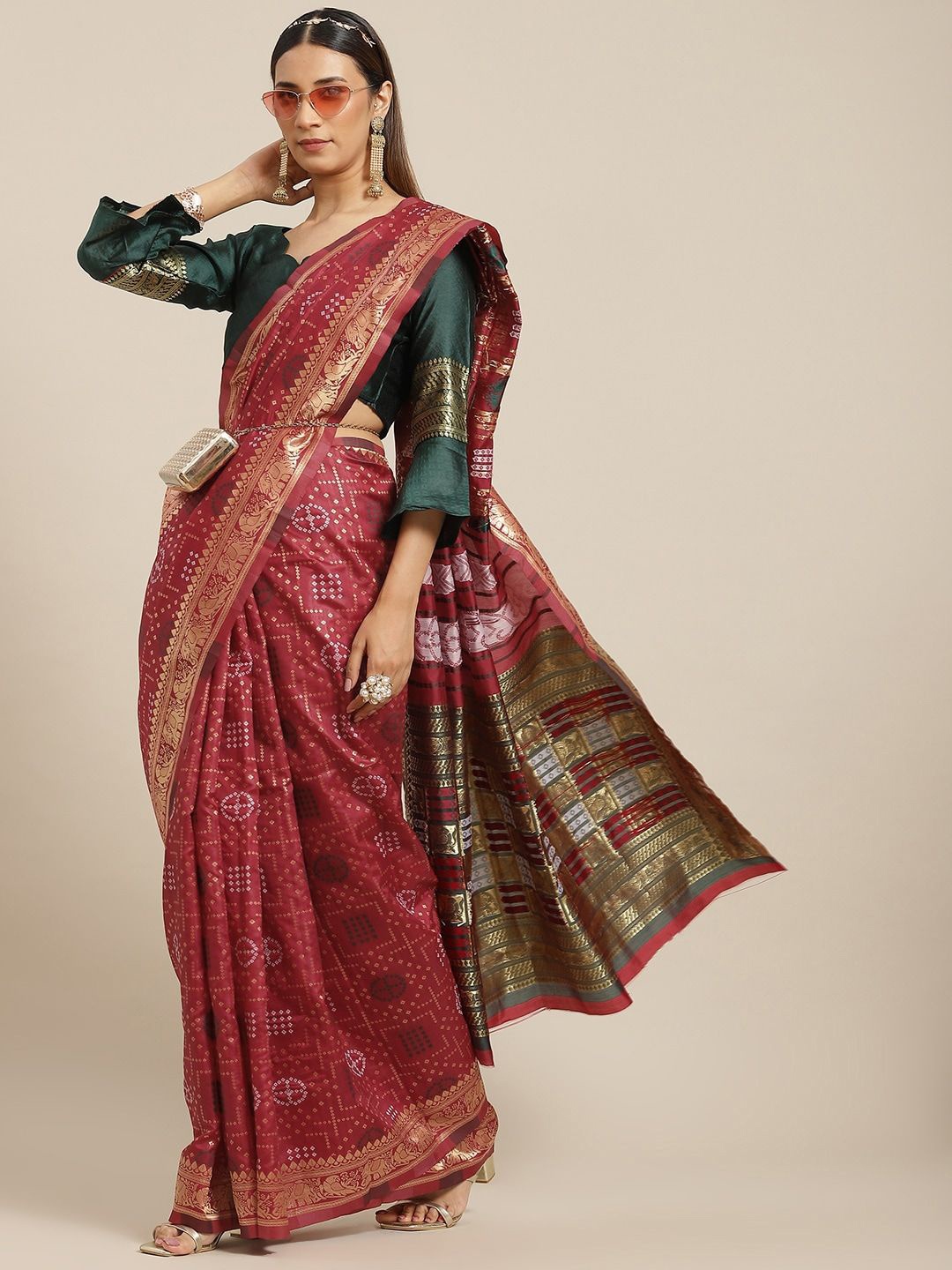 

KALINI Bandhani Zari Silk Cotton Banarasi Saree, Maroon