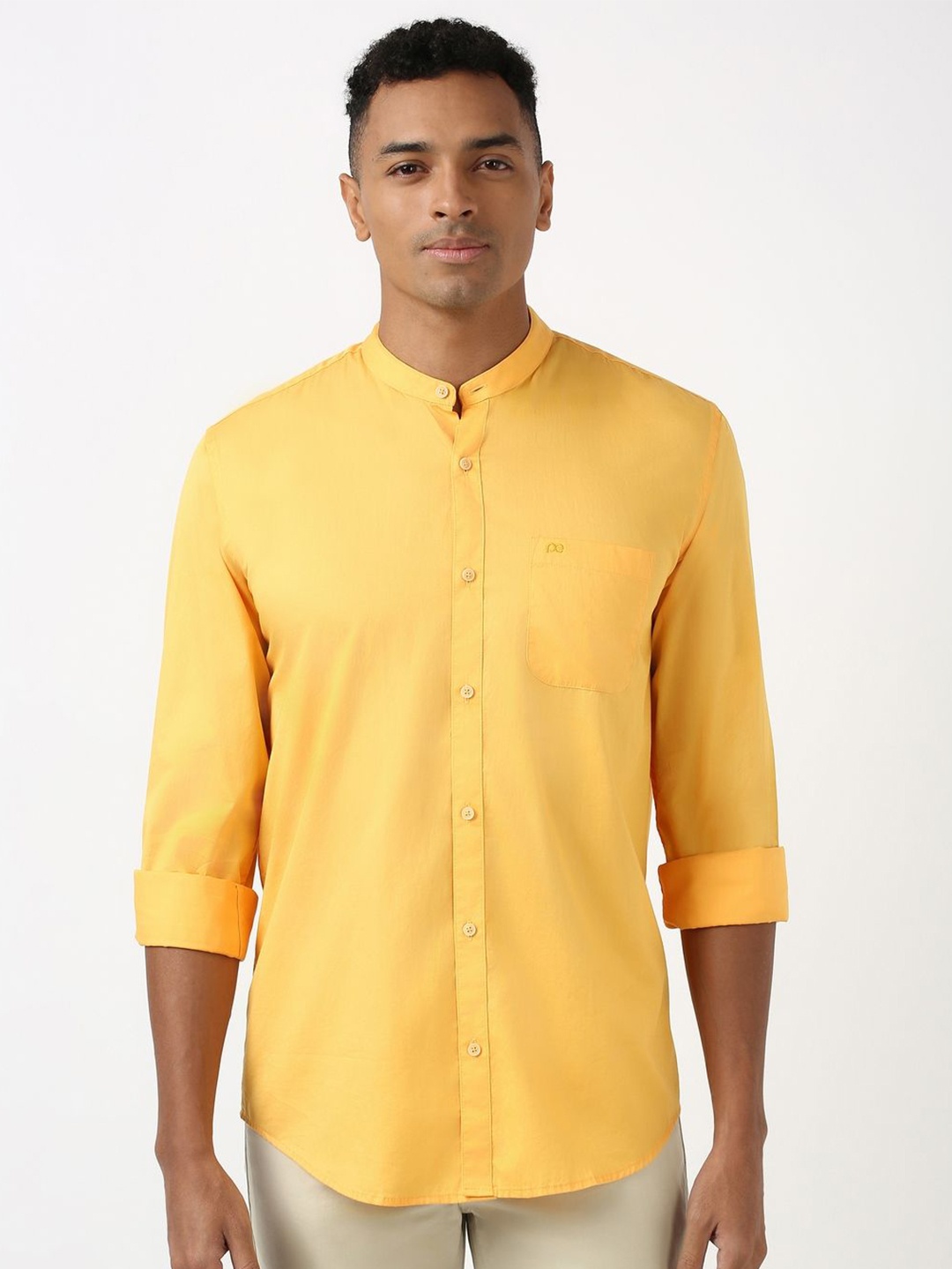 

Peter England Casuals Men Mandarin Collar Solid Cotton Slim Fit Casual Shirt, Yellow