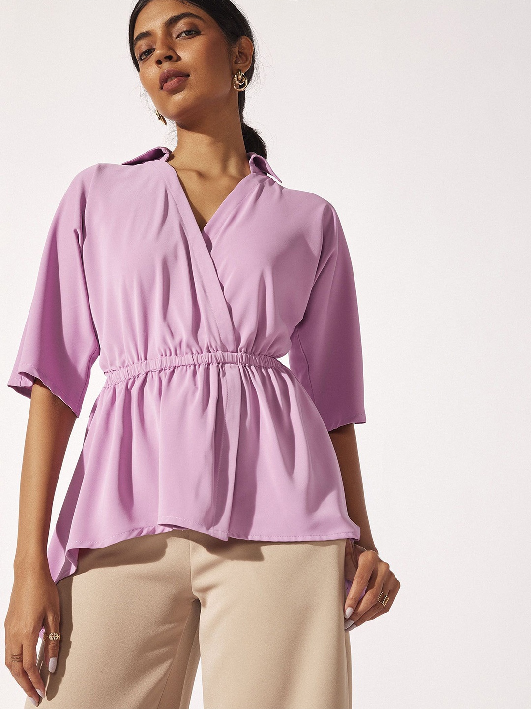 

The Label Life Solid Shirt Collar Peplum Top, Pink