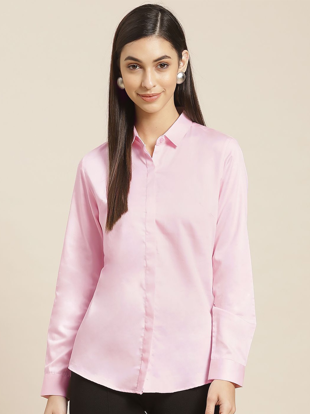 

Hancock Women Spread Collar Solid Cotton Slim Fit Formal Shirt, Pink