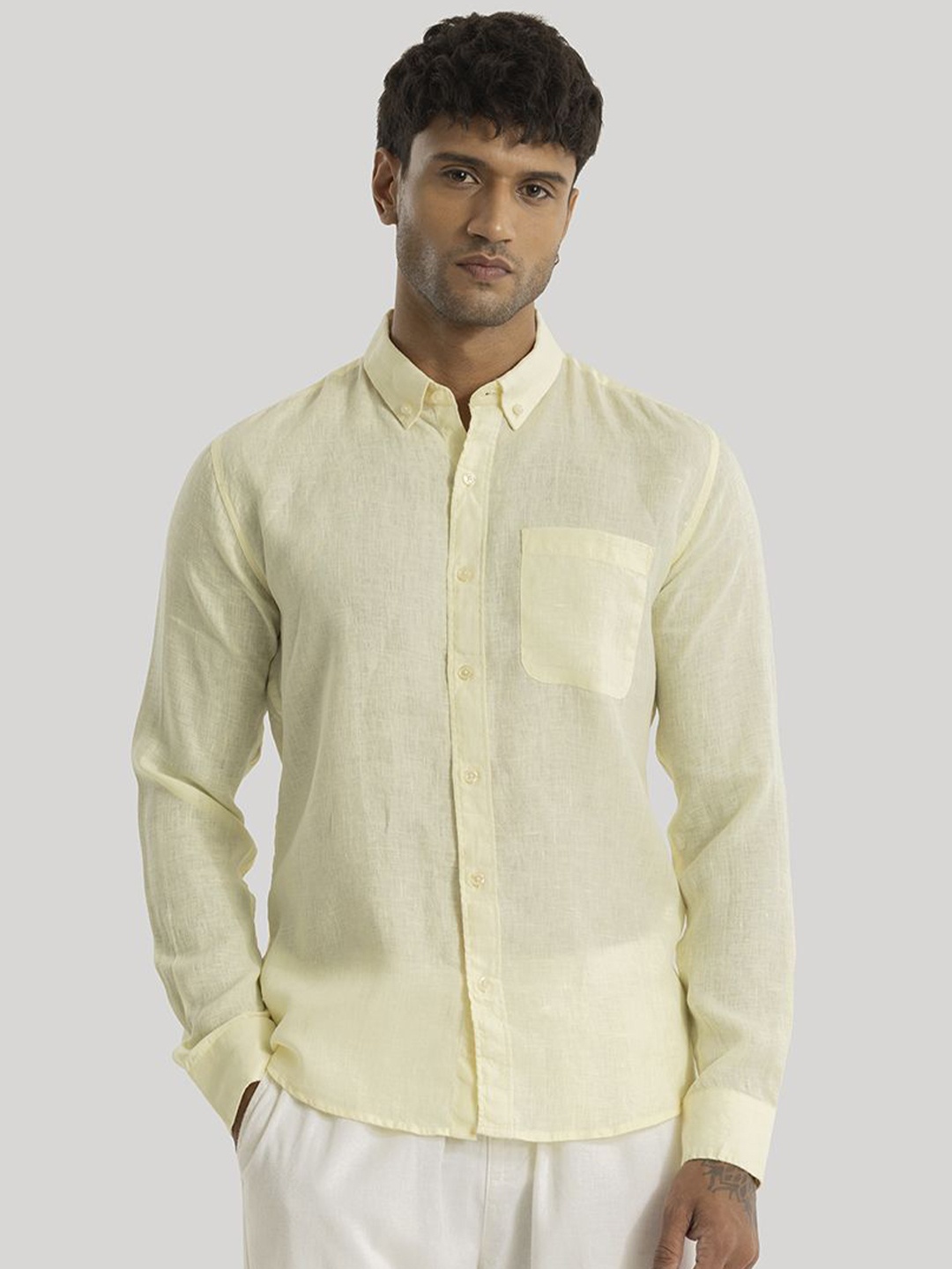 

Snitch Men Smart Slim Fit Solid Button-Down Collar Casual Shirt, Yellow