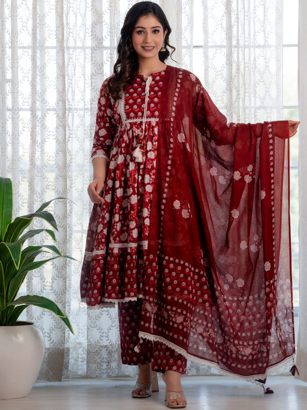 

IndigoFerry Floral Printed A-Line Pure Cotton Mirror Work Kurta with Trousers & Dupatta, Maroon