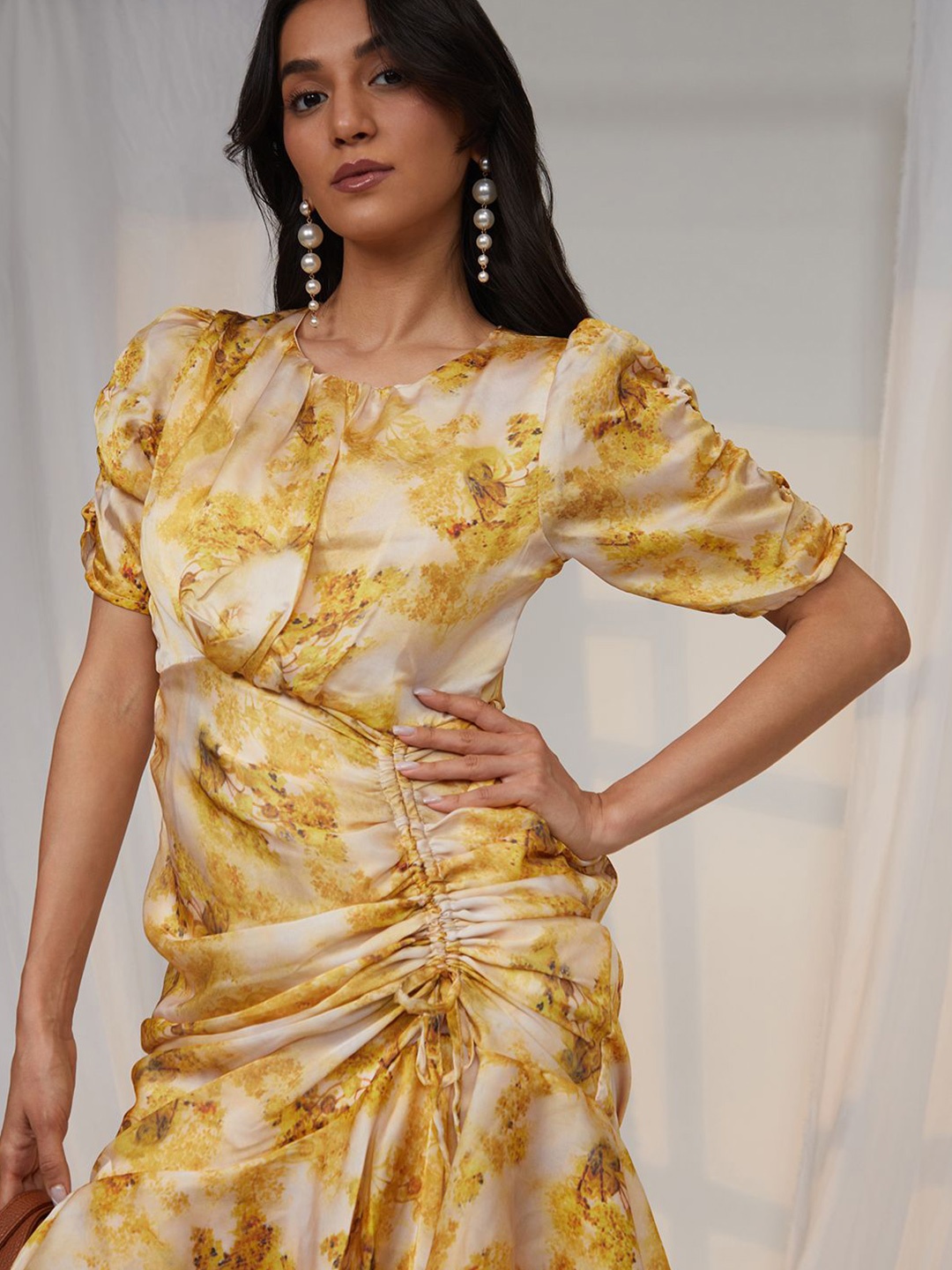 

PINACOLADA Puff Sleeve Abstract Wrap Dress, Yellow
