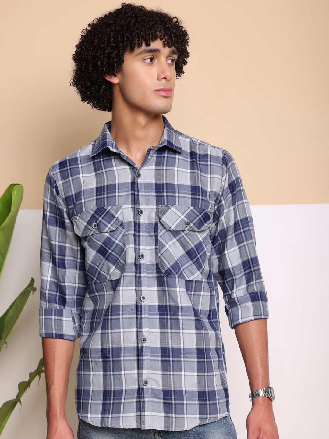 

FILO HEVIS Spread Collar Double Pocket Cotton Check Shirt, Navy blue
