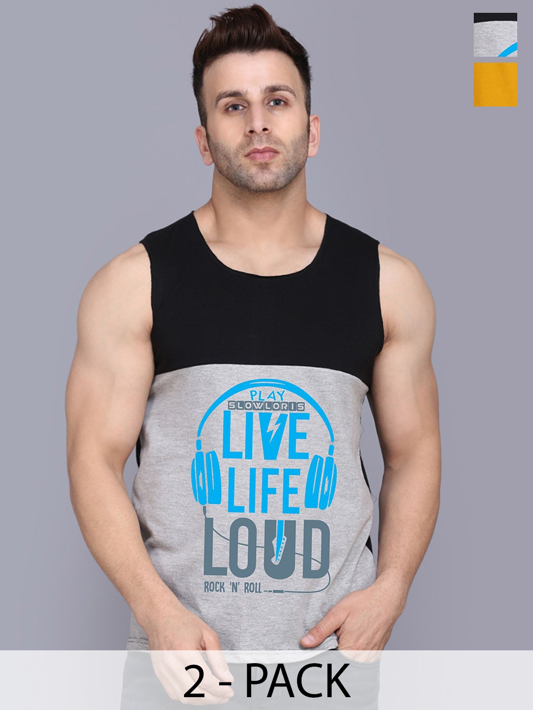 

SLOWLORIS Pack Of 2 Pure Cotton Gym Vests SL26 COMBO (LOUD BLKGRY) (NVR MUSTARD), Black