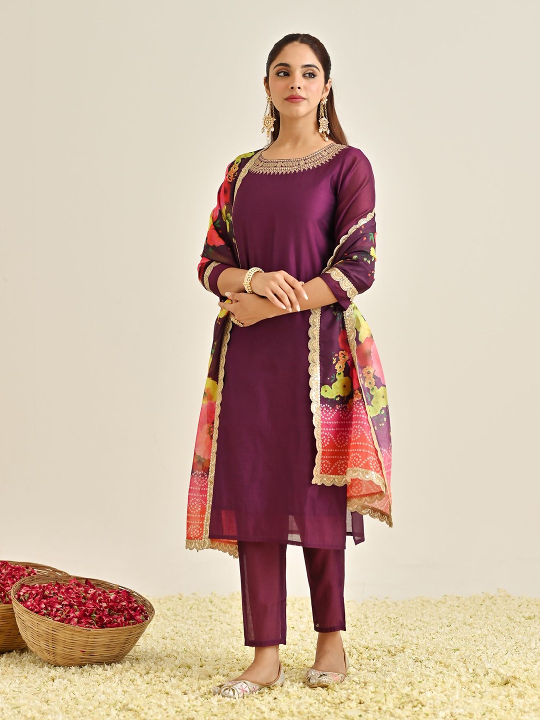 

Rustorange Embroidered Regular Kurta with Palazzos & Dupatta, Burgundy