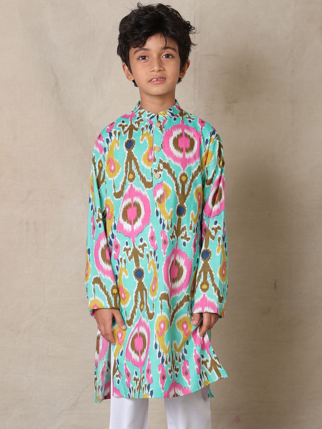 

Anthrilo Boys Abstract Printed Mandarin Collar Pure Cotton Straight Kurta, Blue