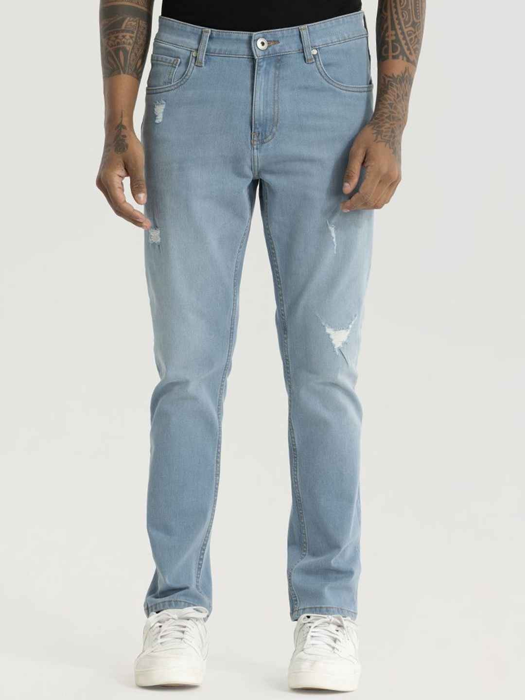 

Snitch Men Smart Slim Fit Low Distress Light Fade Stretchable Jeans, Blue