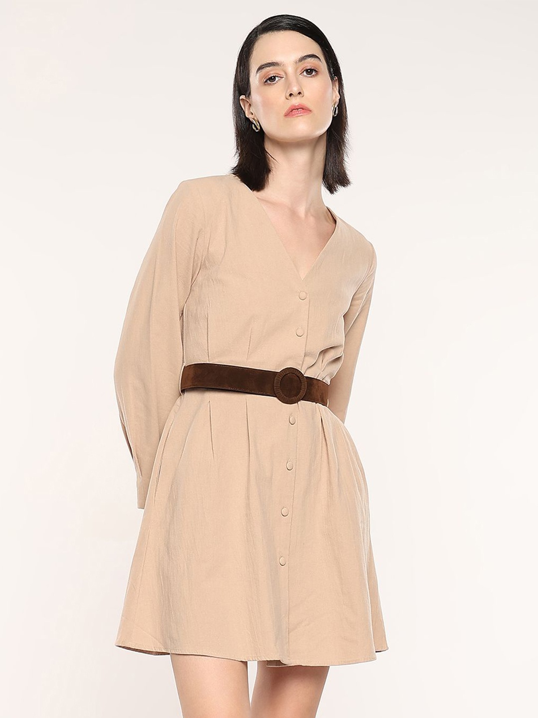 

RAREISM Women V-Neck A-Line Long Cuffed Sleeves Dress, Beige