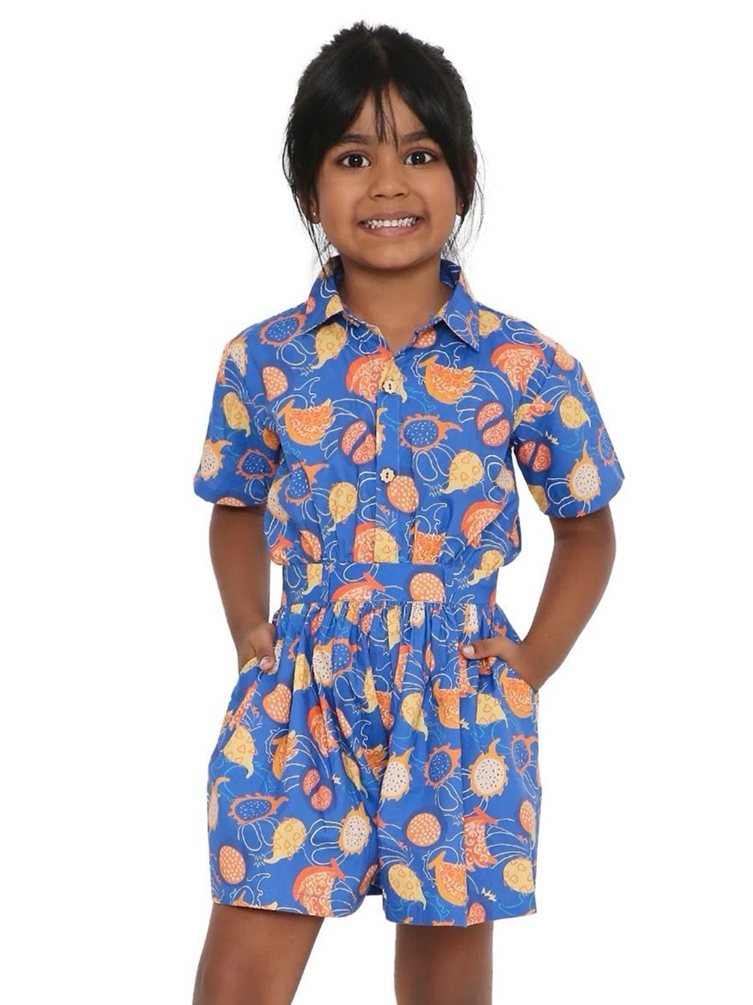 

Miko Lolo Girls Organic Cotton Half Sleeves Printed Jumpsuit, Blue