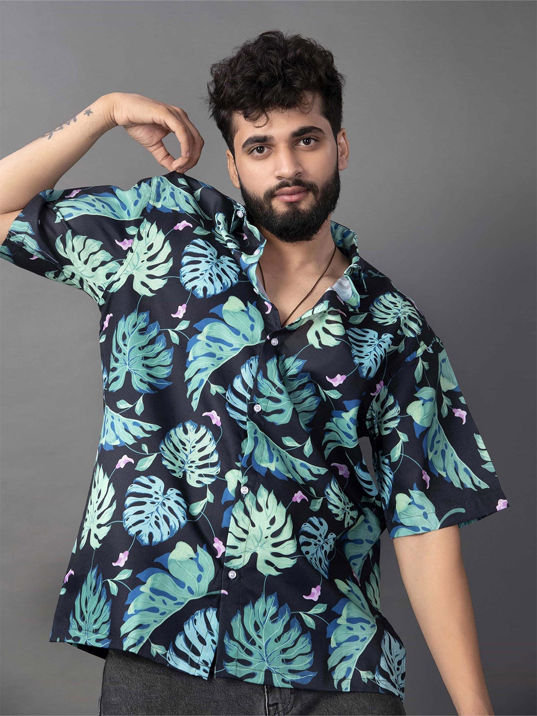 

BROWN BROTHERS Unisex Spread Collar Floral Printed Cotton Oversized Casual Shirt, Navy blue