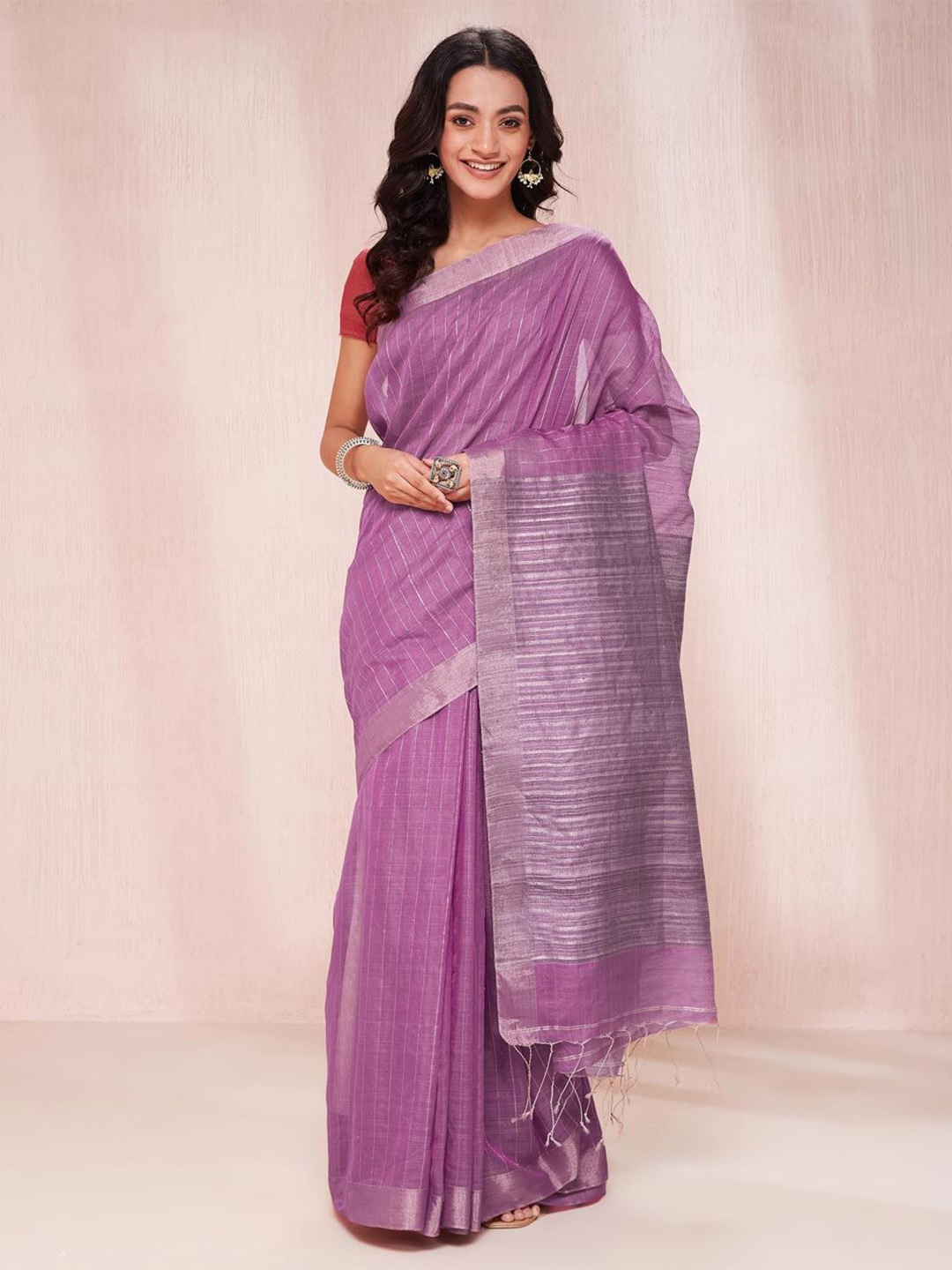

Fabindia Striped Zari Silk Cotton Saree, Mauve
