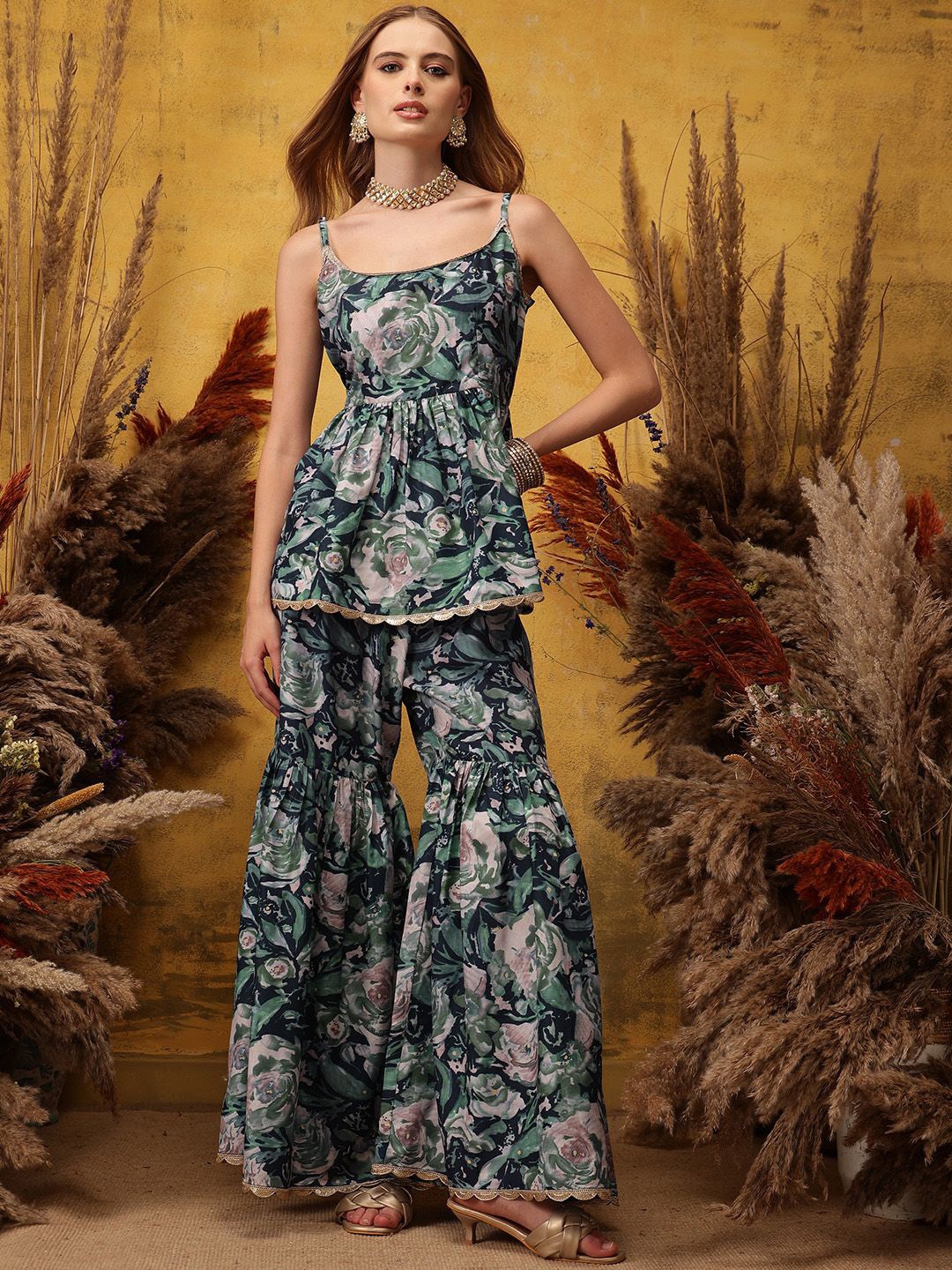 

indo street Floral Printed Shoulder Straps A-Line Kurta with Sharara, Navy blue