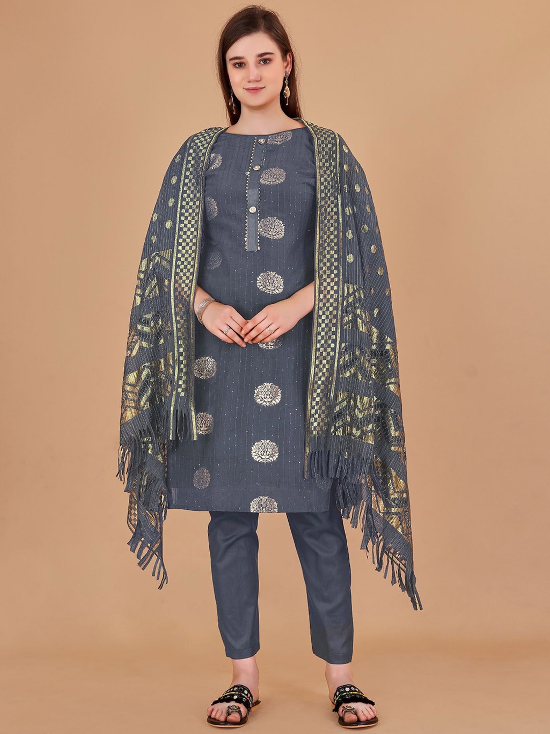 

JULEE Floral Embroidered Unstitched Khadi Cotton Dress Material, Grey