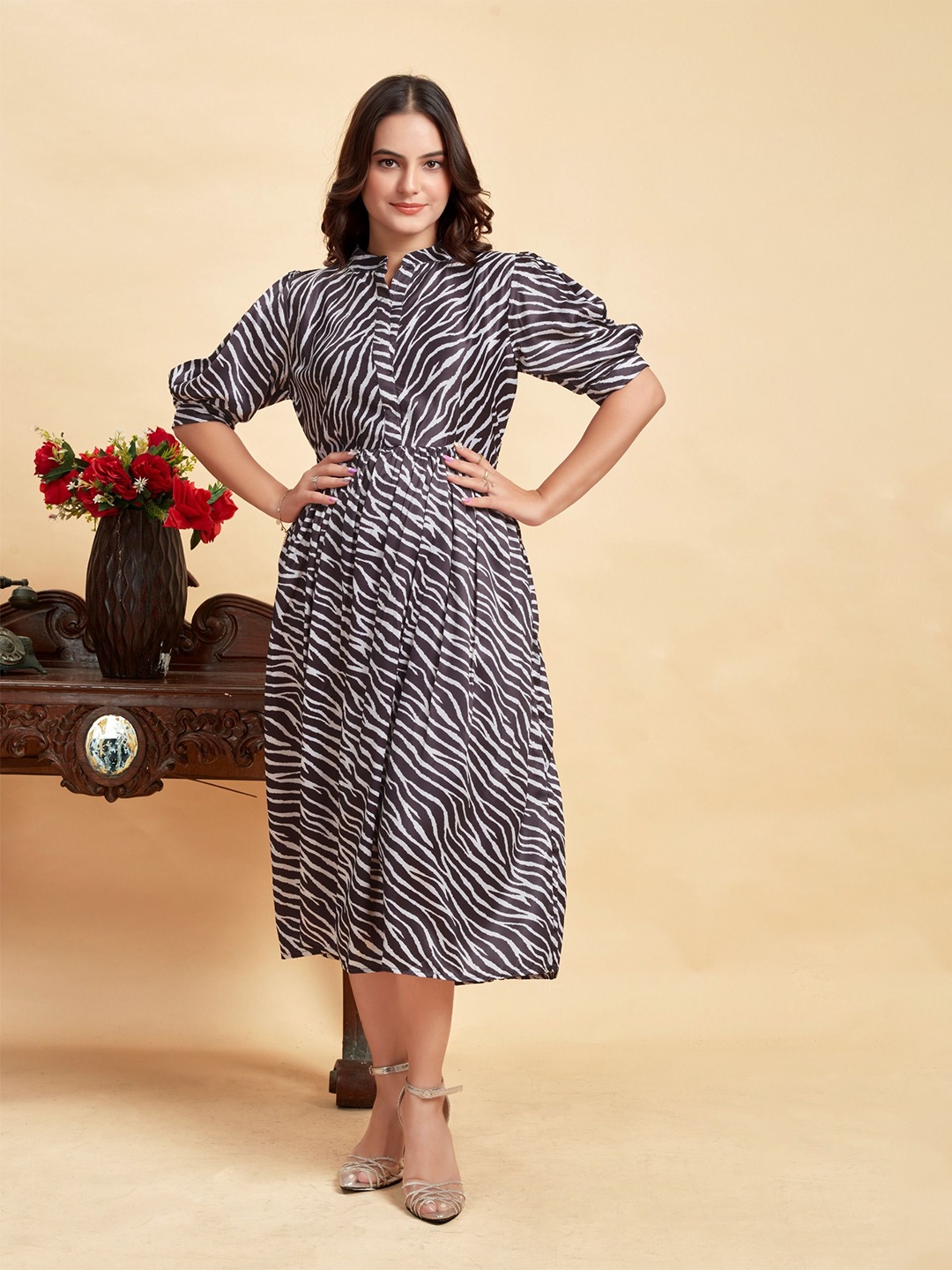 

ANAMSA Printed Puff Sleeves A-Line Midi Dress, Black