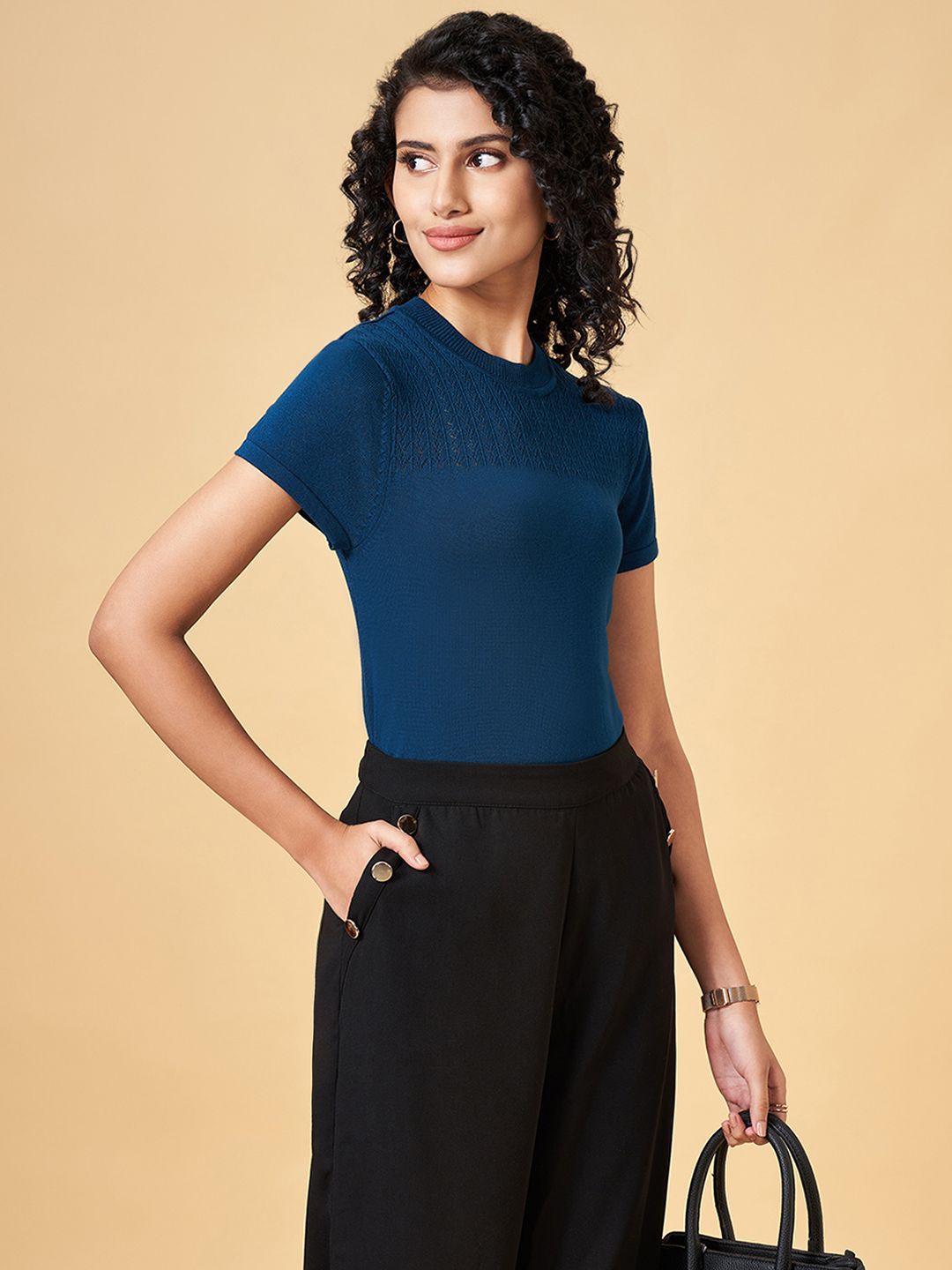 

Annabelle by Pantaloons Women Self Design Round Neck Top, Blue