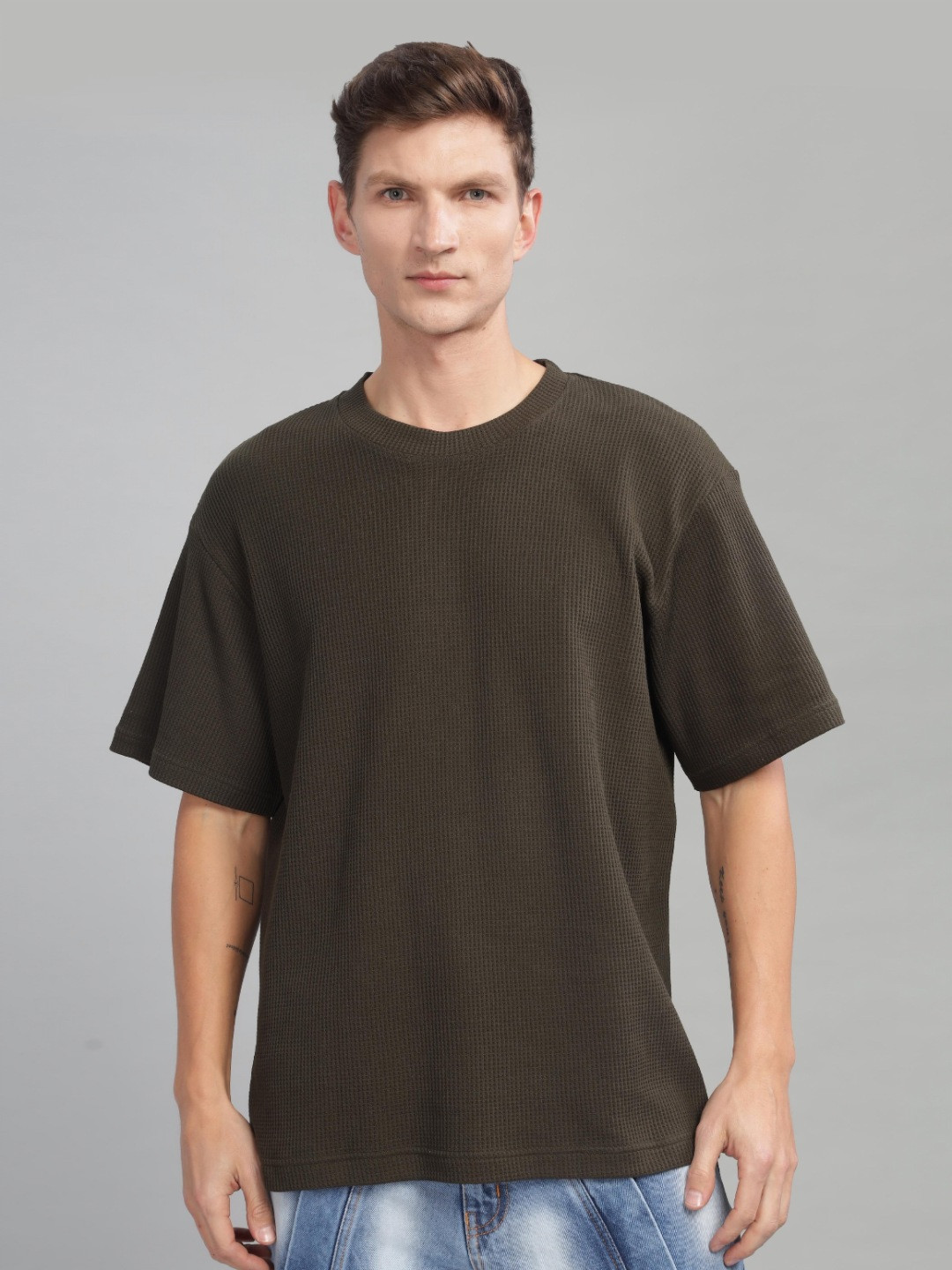 

TOMHIDDLE Men Solid Round Neck Cotton Relaxed Fit T-Shirt, Navy blue