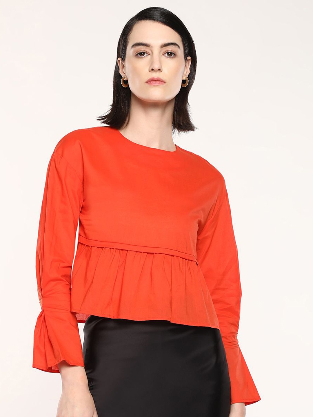 

RAREISM Solid Round Neck Cotton Top, Orange