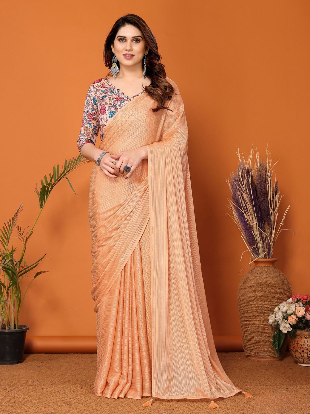 

ODETTE Striped Saree, Orange