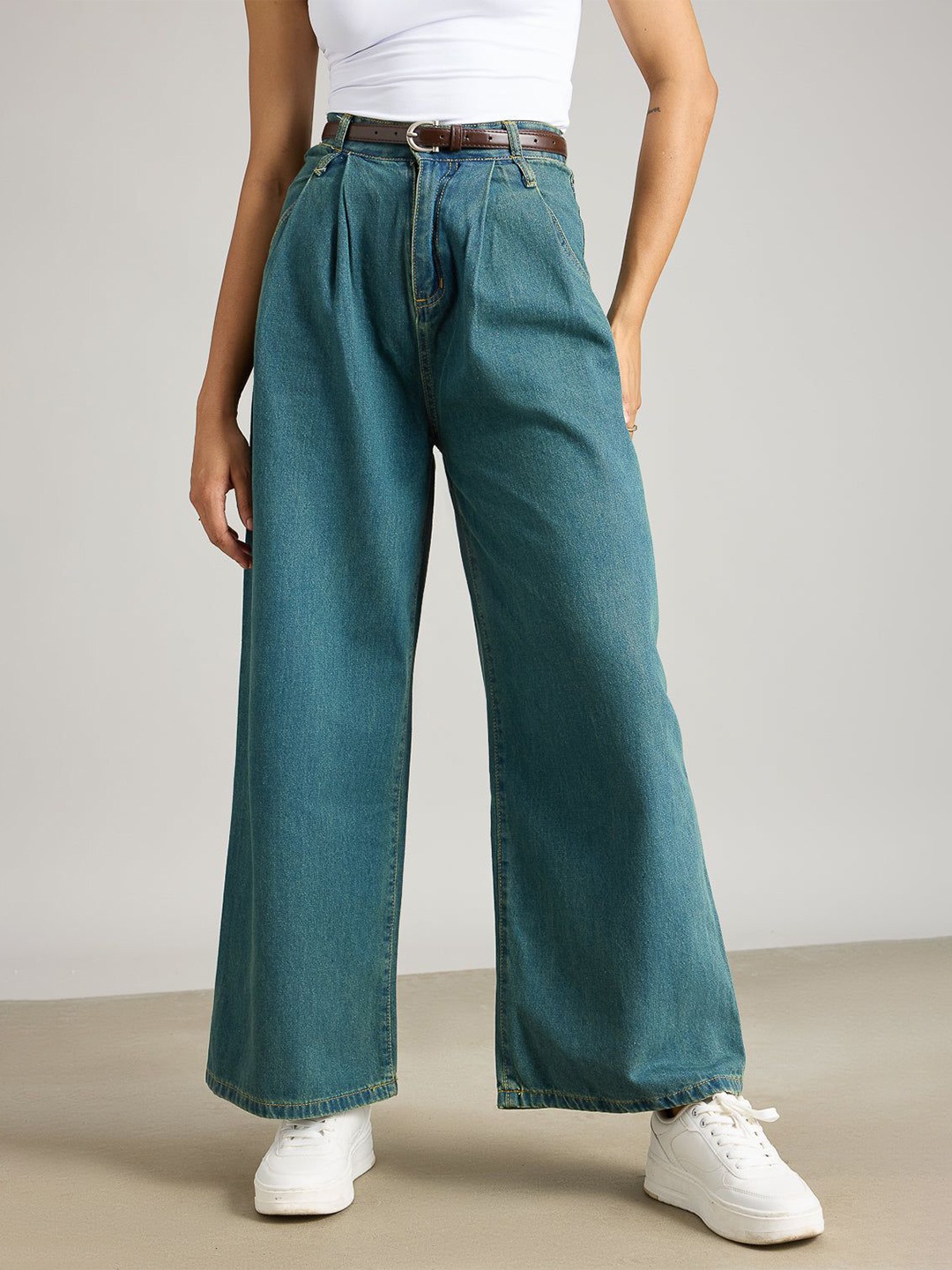 

FREAKINS Women Wide Leg High-Rise Cotton Denim Jeans, Blue