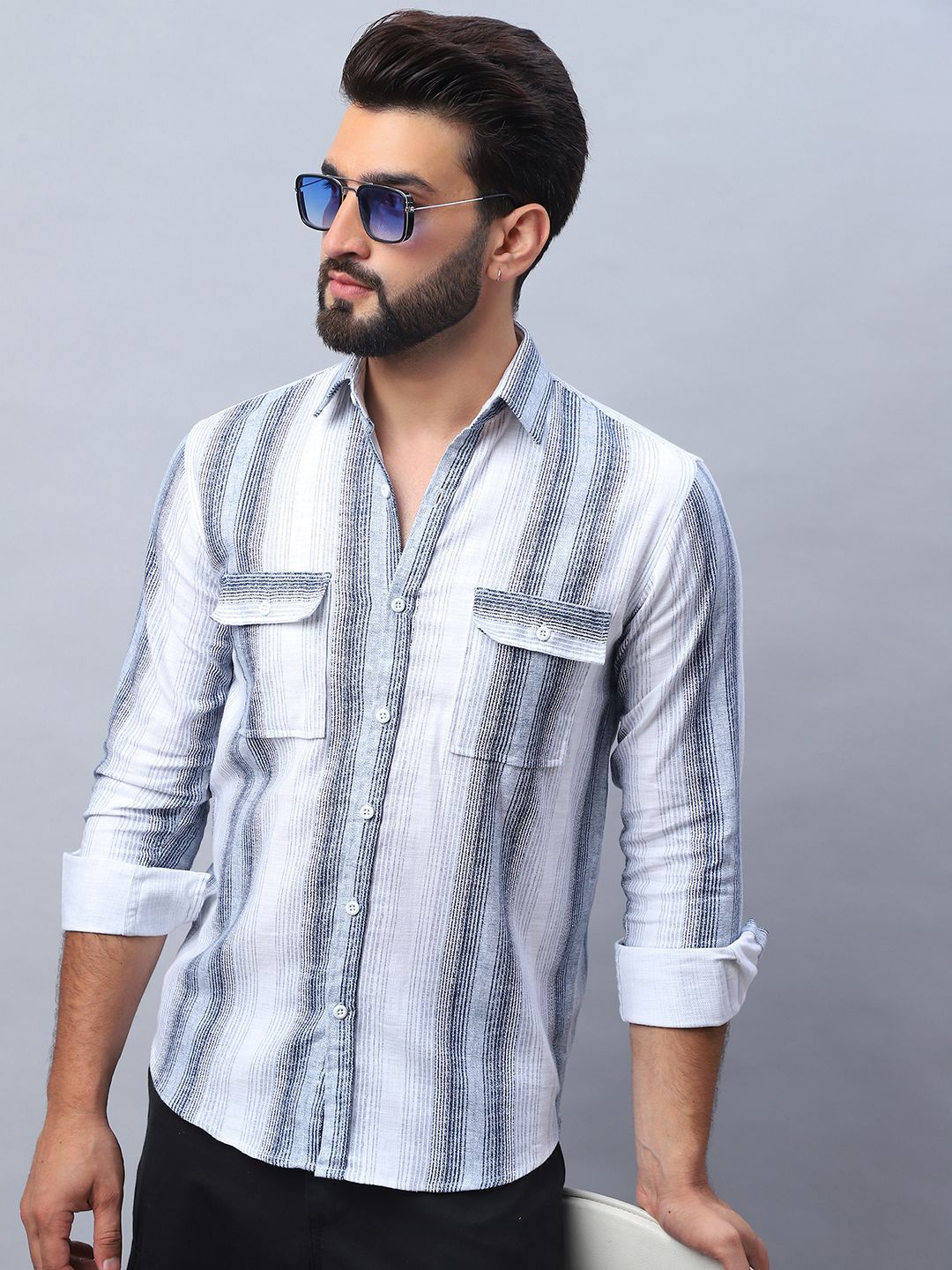 

Indian Needle Men Classic Vertical Striped Pocket Detailing Casual Shirt, White