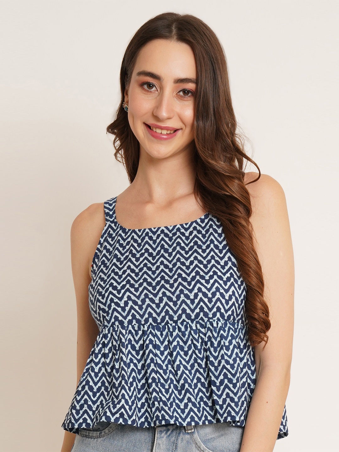 

KALINI Women Abstract Printed Square Neck Cotton Top, Blue