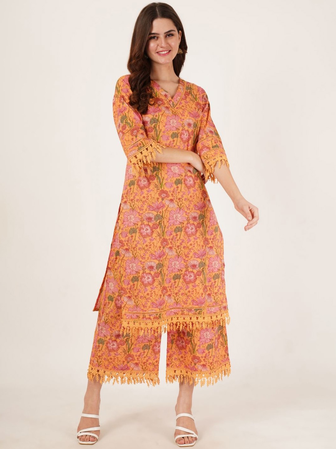 

KALINI Floral Printed V Neck Pure Cotton Straight Kurta With Palazzos, Orange