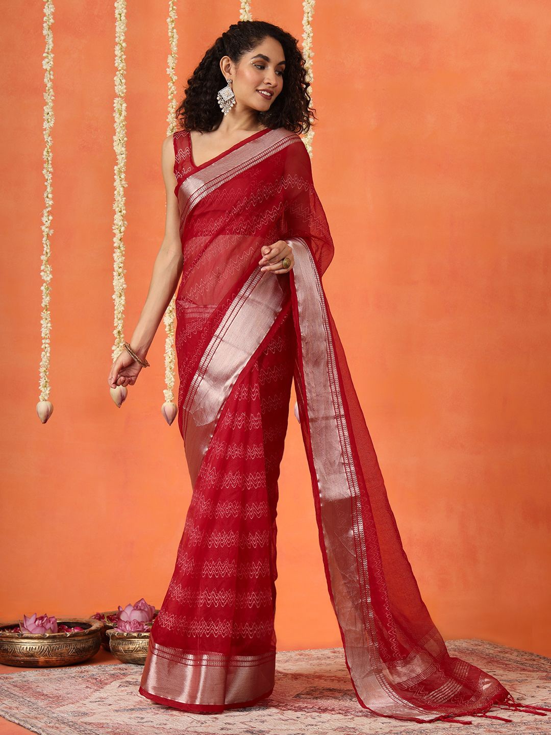 

Tikhi Imli Woven Design Zari Organza Saree, Red