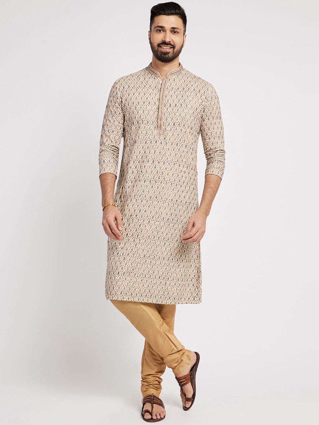 

Ethnic India Abstract Embroidered Chikankari Mandarin Collar Straight Kurta, Beige