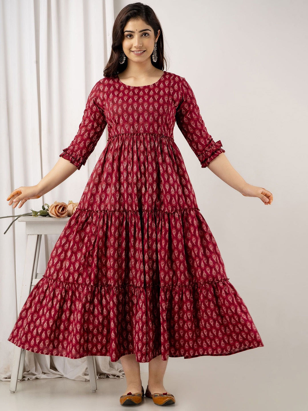 

VARICOS Ethnic Motifs Printed Fit & Flare Tiered Cotton Maternity Maxi Dress, Maroon