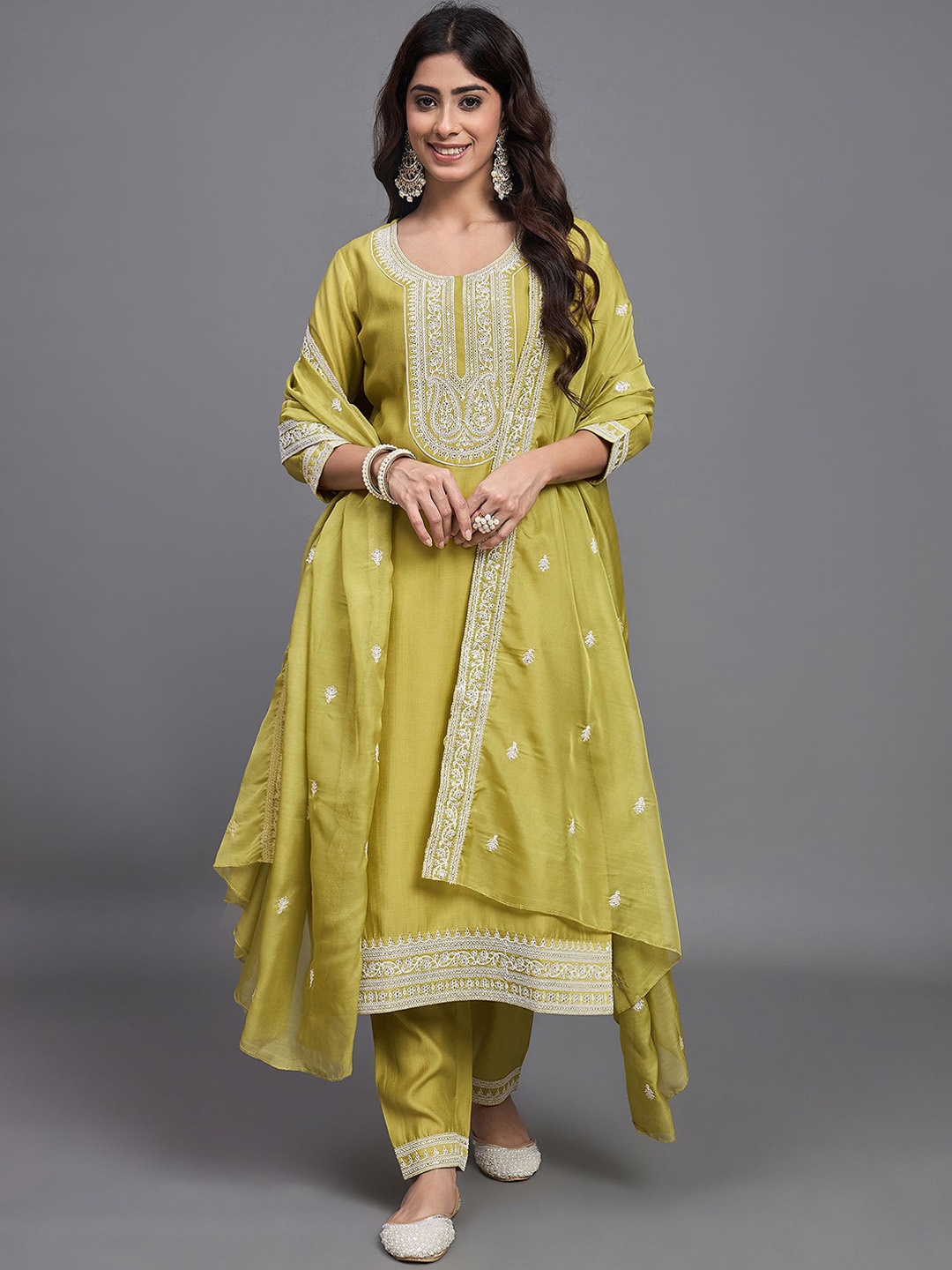 

KALINI Floral Embroidered Pure Silk Straight Kurta With Trouser & Dupatta, Yellow