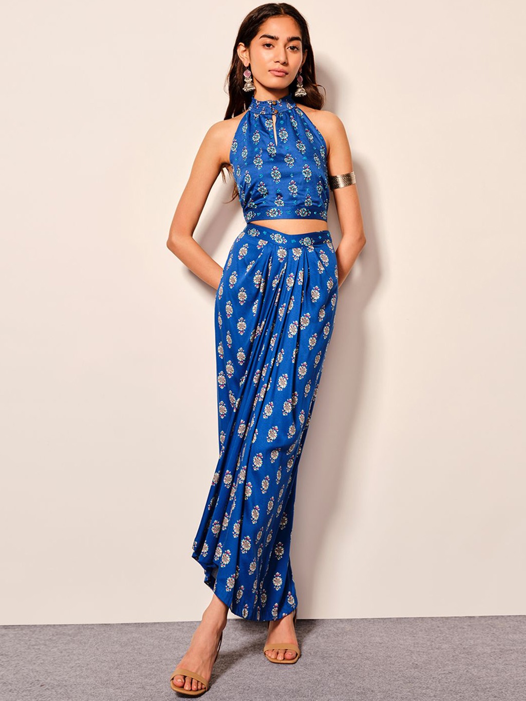 

Global Desi Printed Round Neck Top & Skirt, Blue