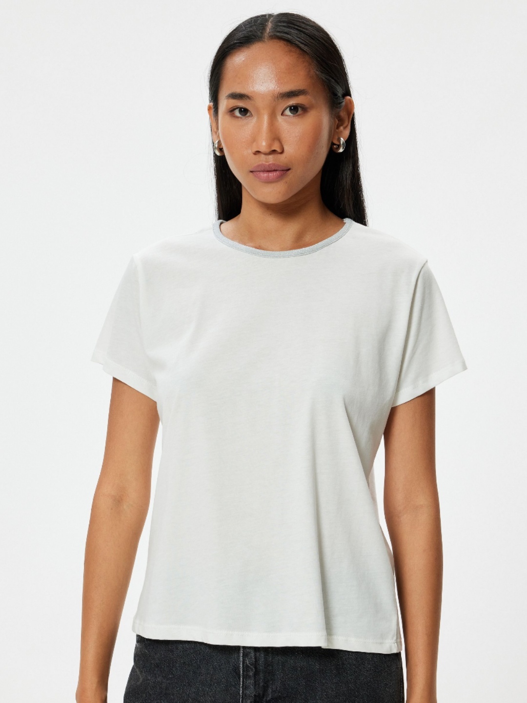 

Koton Women Solid Round Neck Cotton T-Shirt, Off white