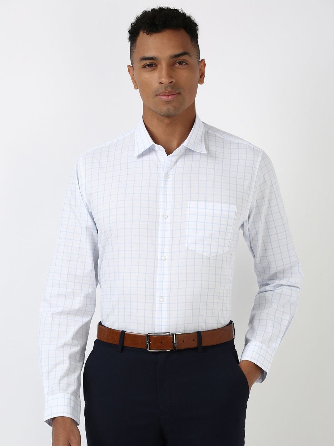

Peter England Men Spread Collar Grid Tattersall Checked Polycotton Slim Fit Formal Shirt, White